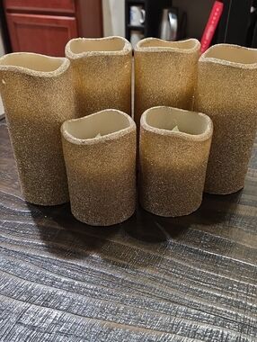 Gold Glitter LED Pillar Candle Set -